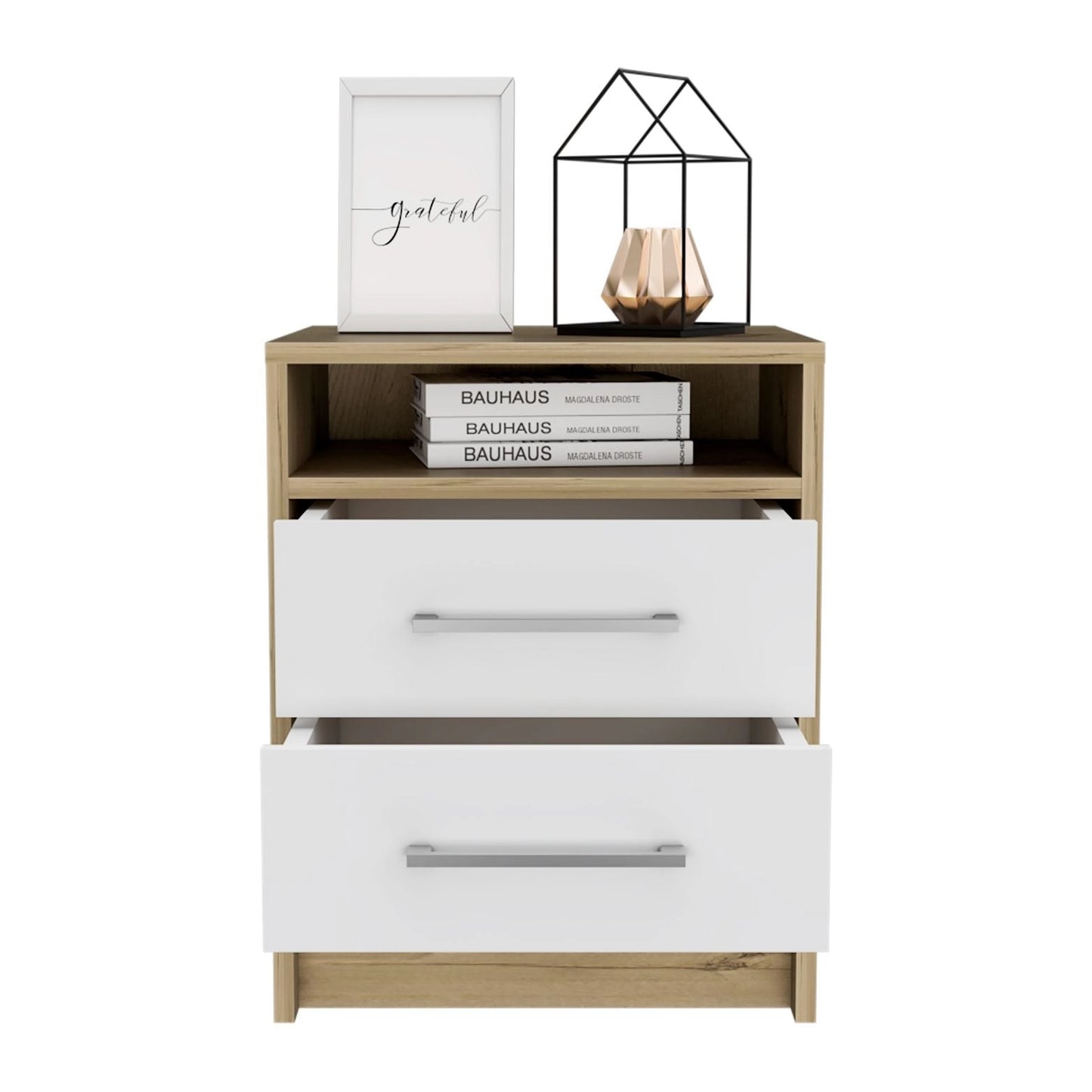 Modern Nightstand with Two Drawers & Open Shelf