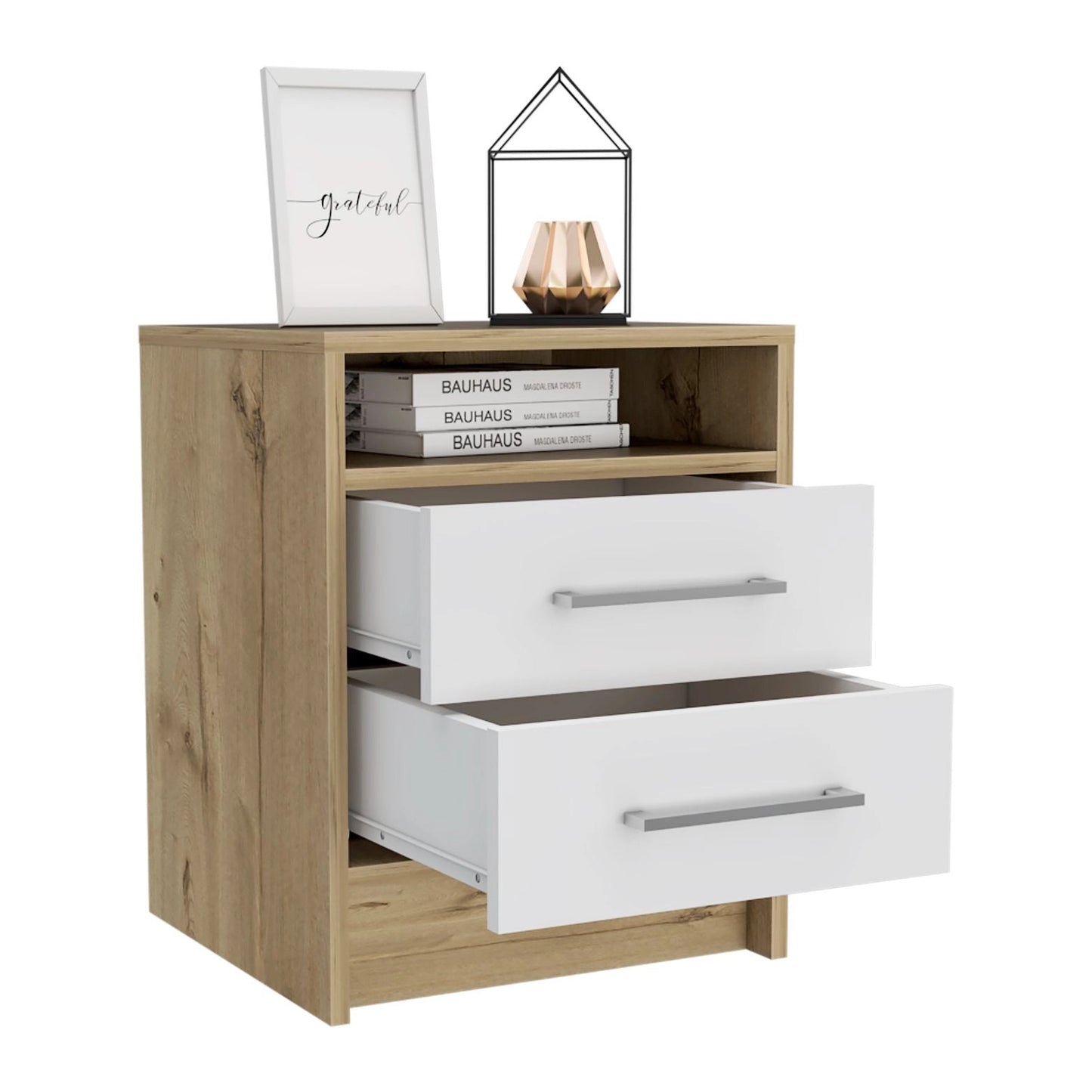 Modern Nightstand with Two Drawers & Open Shelf