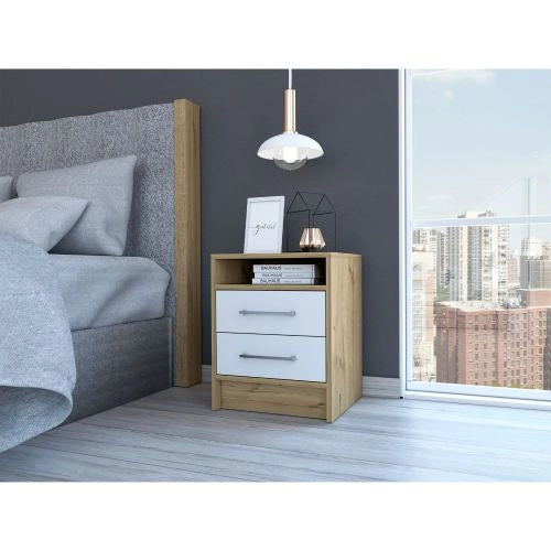 Modern Nightstand with Two Drawers & Open Shelf
