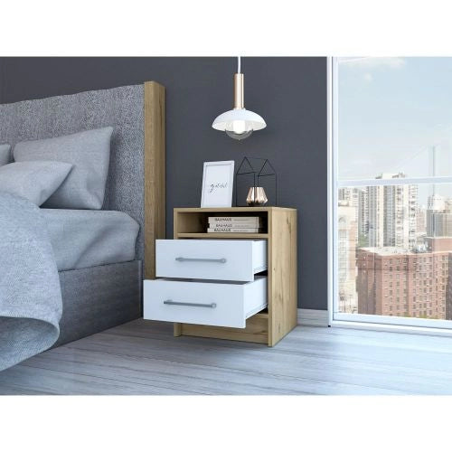 Modern Nightstand with Two Drawers & Open Shelf