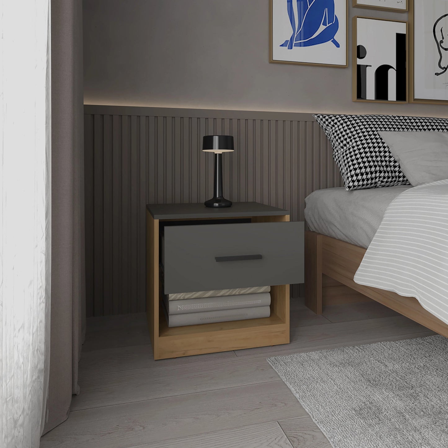 Modern Oak Nightstand with Drawer & Open Shelf